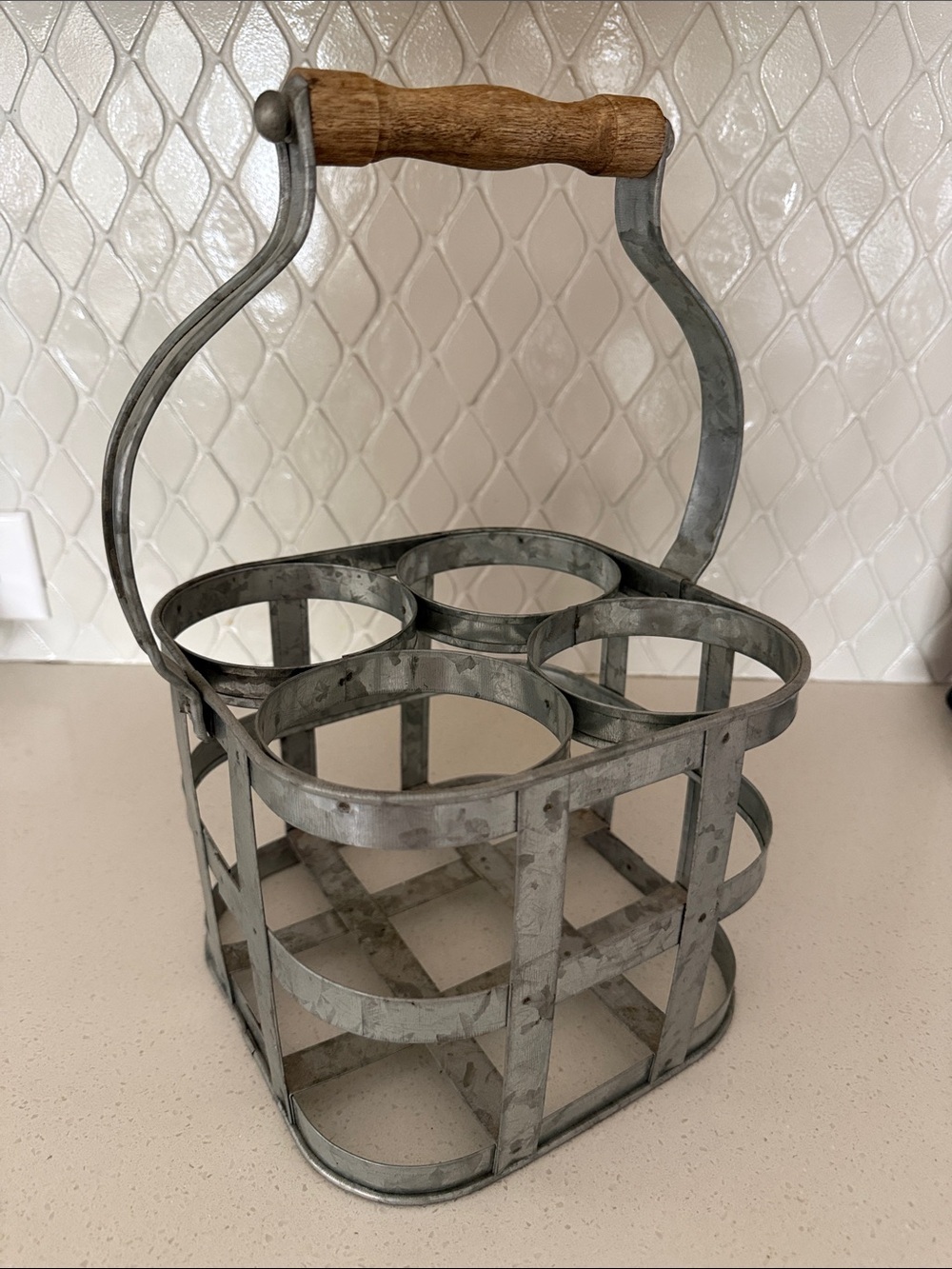 Galvanized Metal 6-Bottle Carrier with Wood Handle